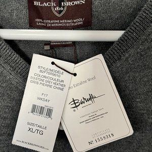 Black Brown 1826 Merino Wool V-Neck Knit Sweater XL Grey Heather Mens
